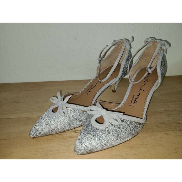 NINA ORIGINALS SILVER COLOR BLOCK ANKLE STRAP ADJUSTABLE SHOES SIZE 7.5 - Picture 2 of 6